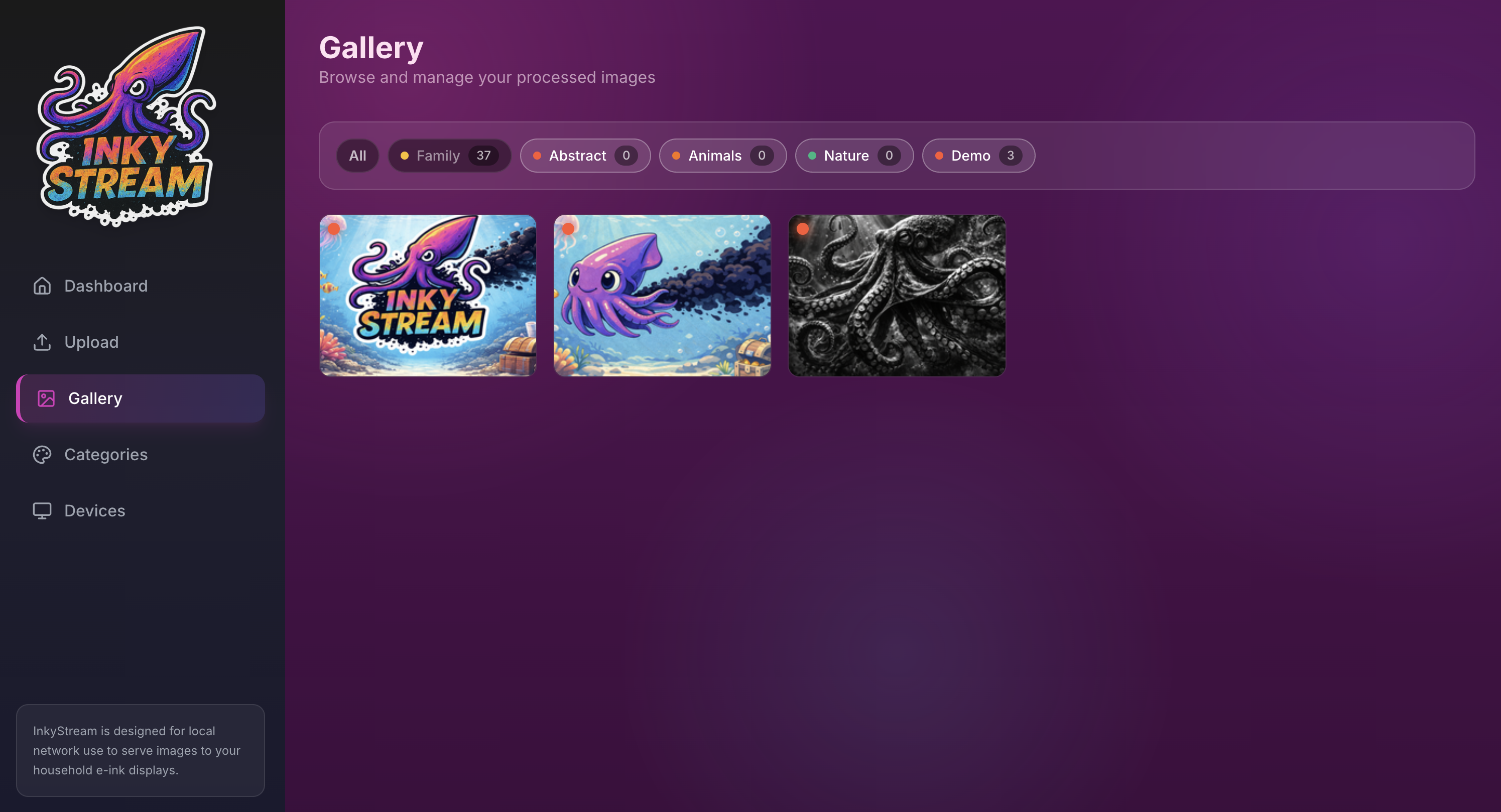 The InkyStream gallery screen showing three dithered images
