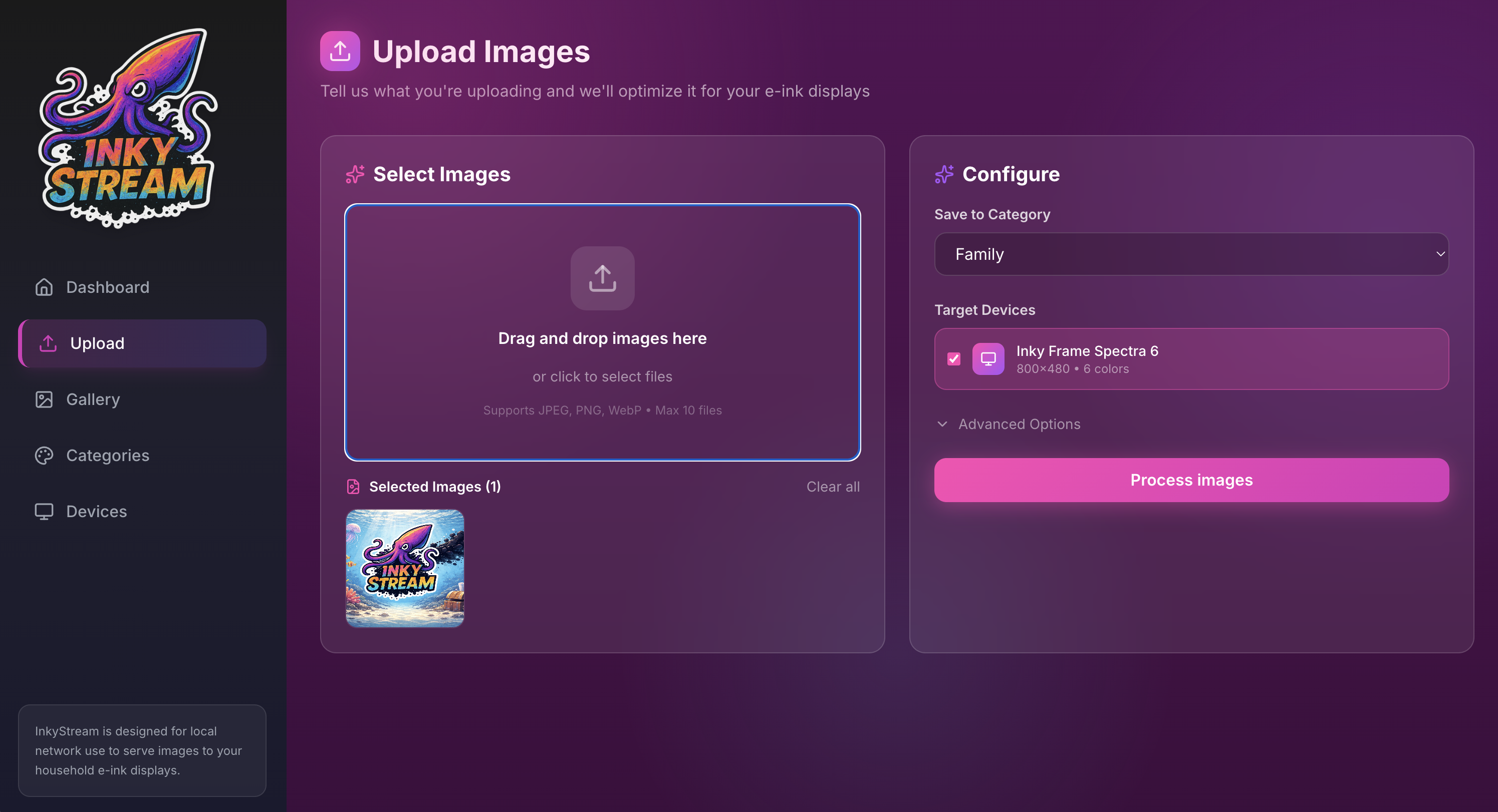 The InkyStream upload screen showing the photo upload interface